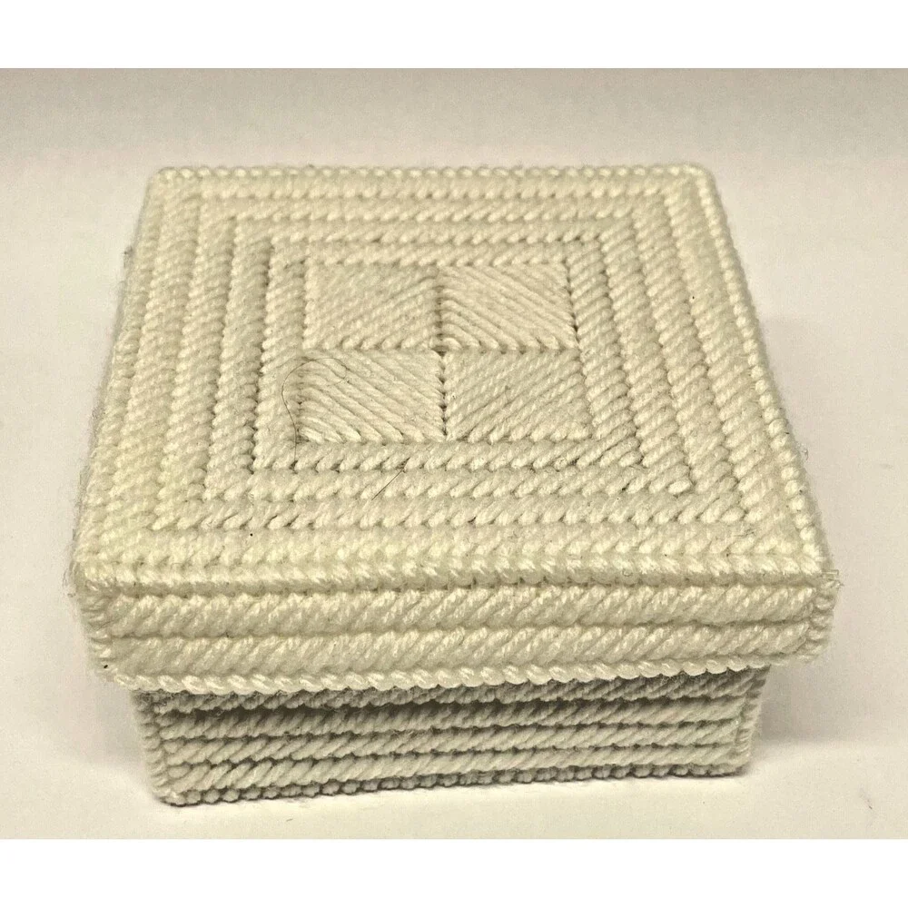 Vintage Handmade Needlepoint Floral Coasters Set of 7 w/ Yarn Covered Box 4in
